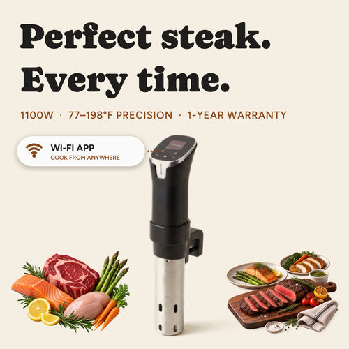 Perfect steak. Every time. Wi-Fi app control. Raw salmon, ribeye, chicken and vegetables on the left, the Searlume cooker in the centre, and the finished sous vide dishes on the right.