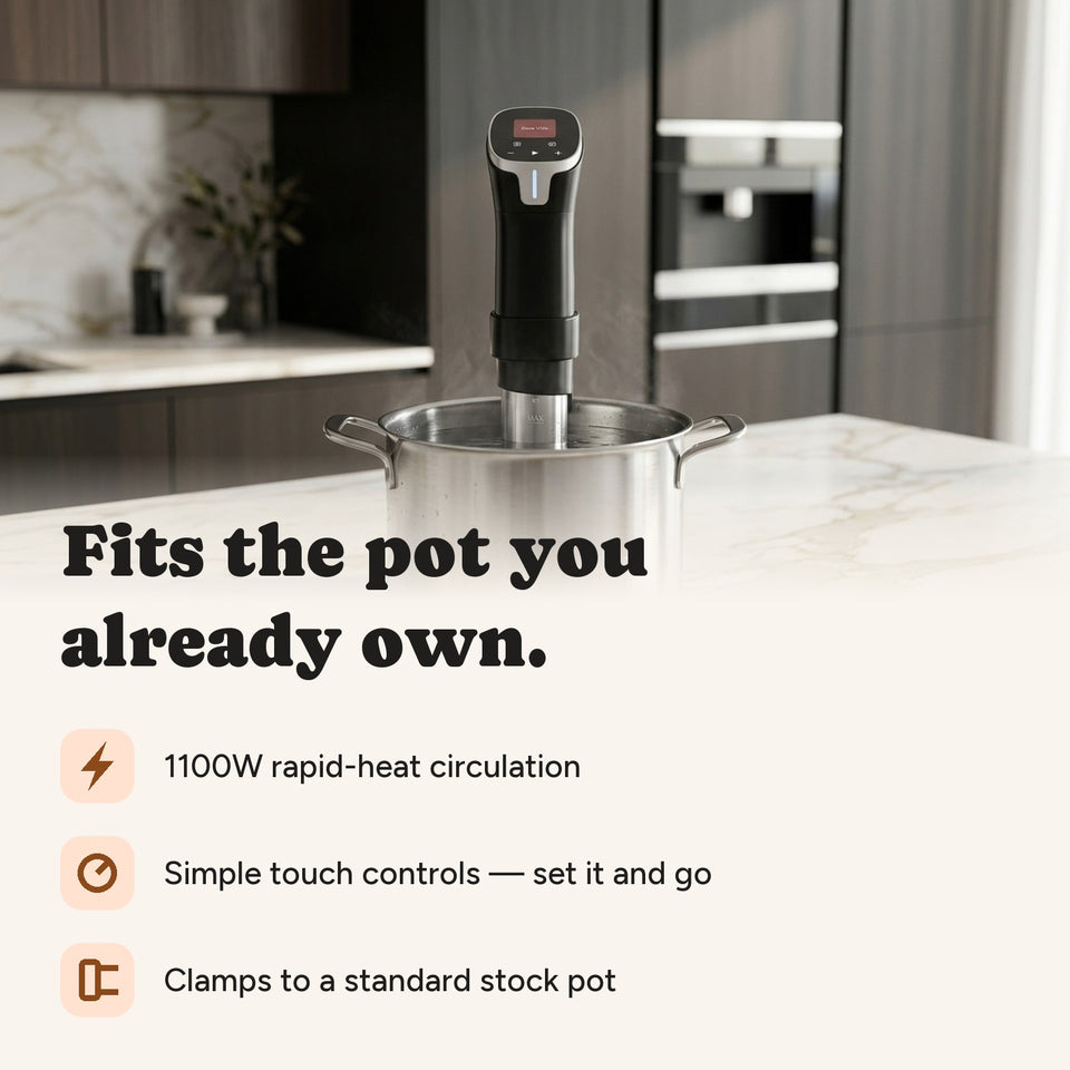Fits the pot you already own. 1100W rapid heating, simple touch controls, clamps to a standard stock pot.