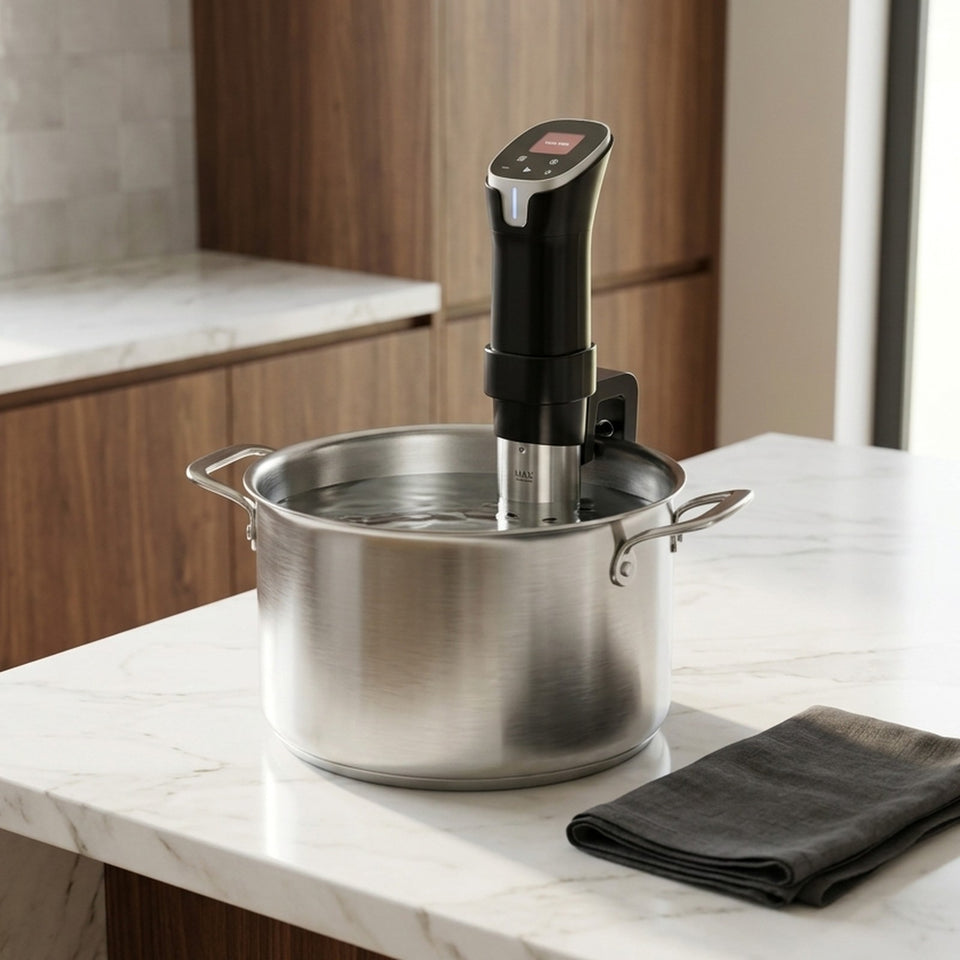 Searlume clamped to a pot of water on a bright marble kitchen island