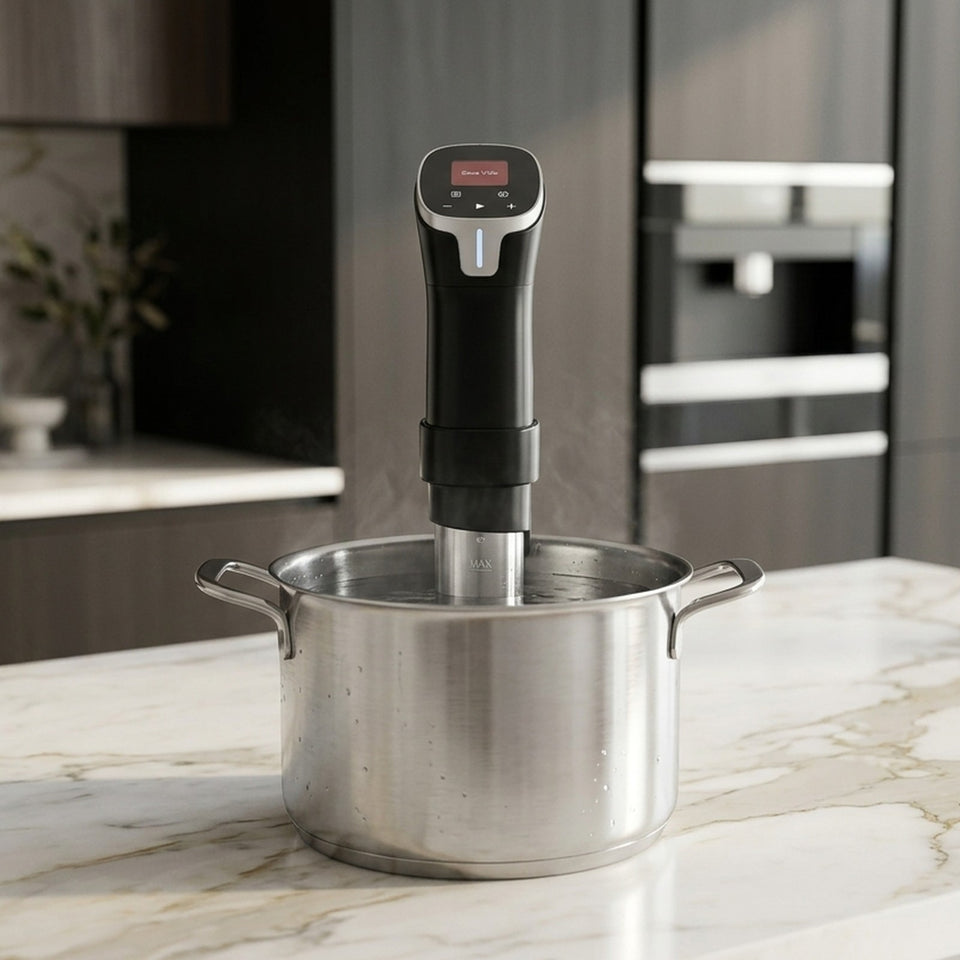 Searlume cooker clamped to a stainless pot of water on a marble counter