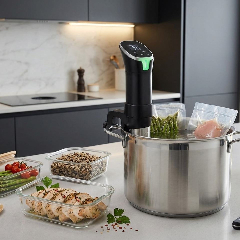 Portioned chicken, rice and vegetables in glass containers beside the Searlume cooker
