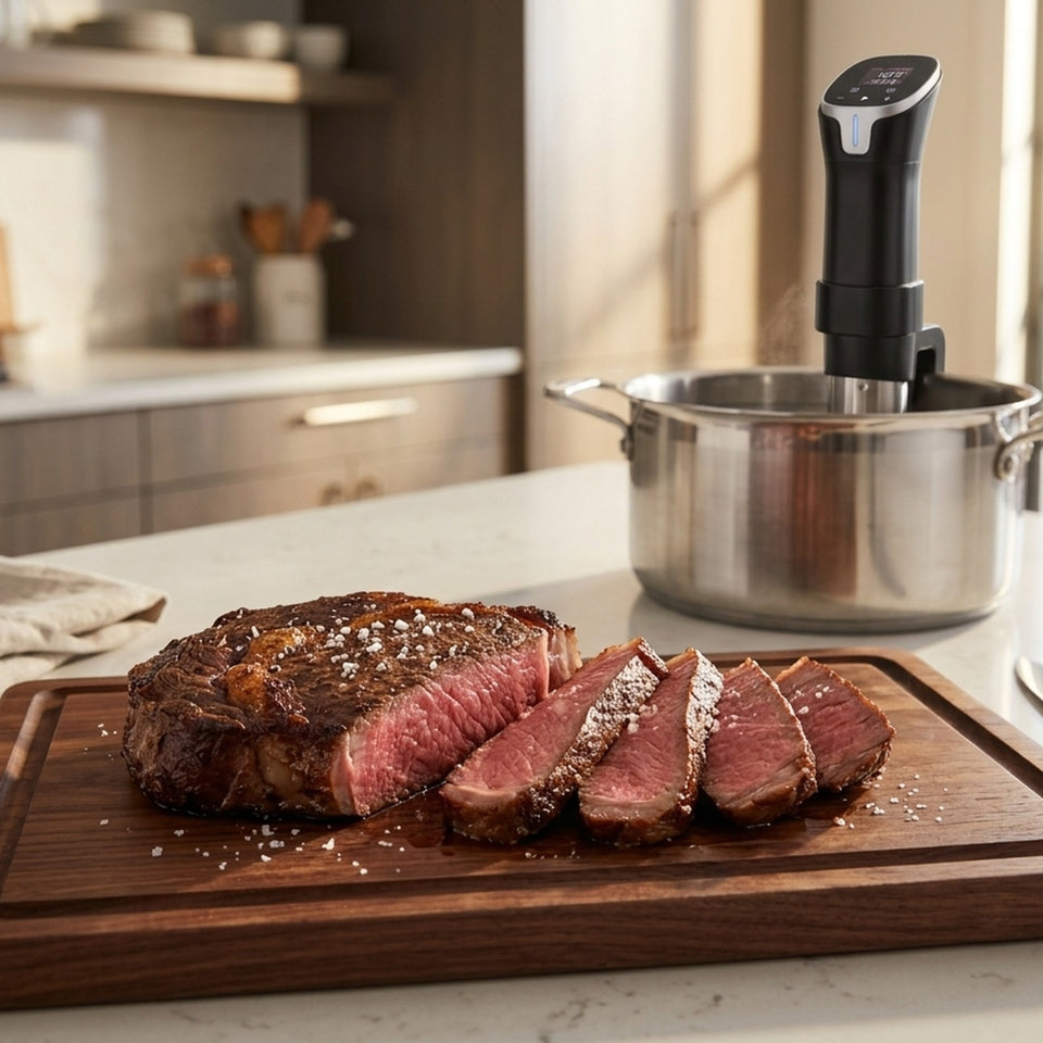 Sliced ribeye on a walnut board beside the Searlume cooker, evenly pink edge to edge