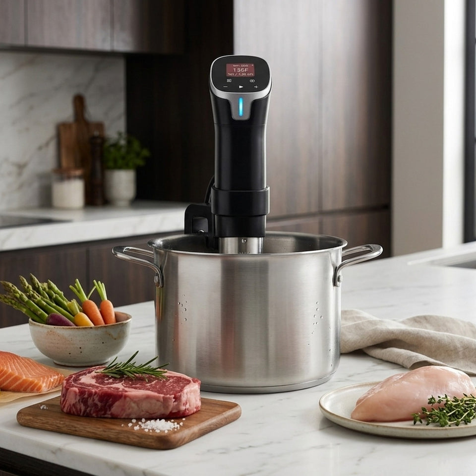 Salmon, steak, chicken and vegetables beside a pot fitted with the Searlume cooker
