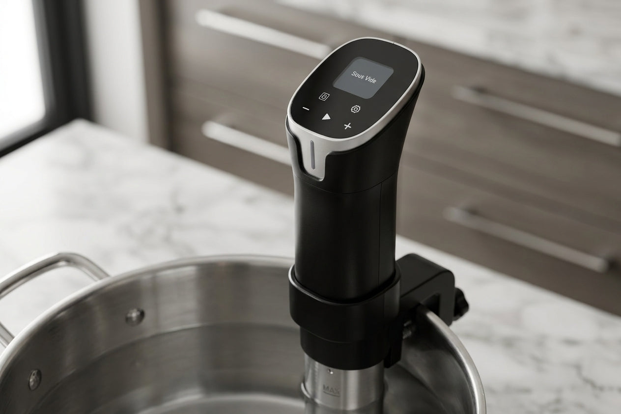 Close-up of the Searlume control panel and display above a pot of water