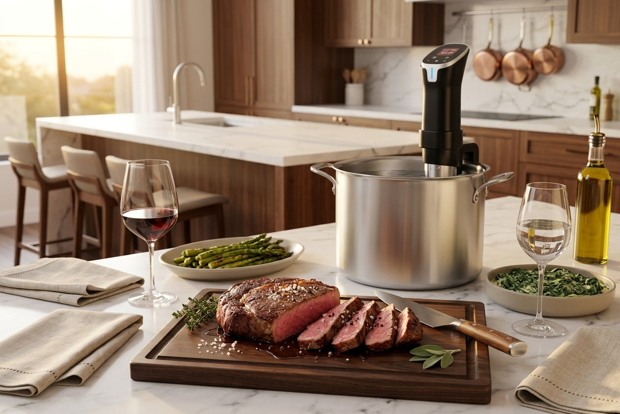Sliced steak, sides and red wine served on a marble island beside the Searlume cooker