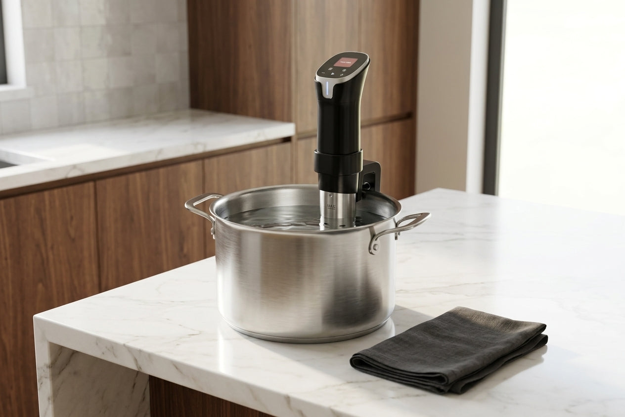 Searlume clamped to a pot of water on a bright marble kitchen island