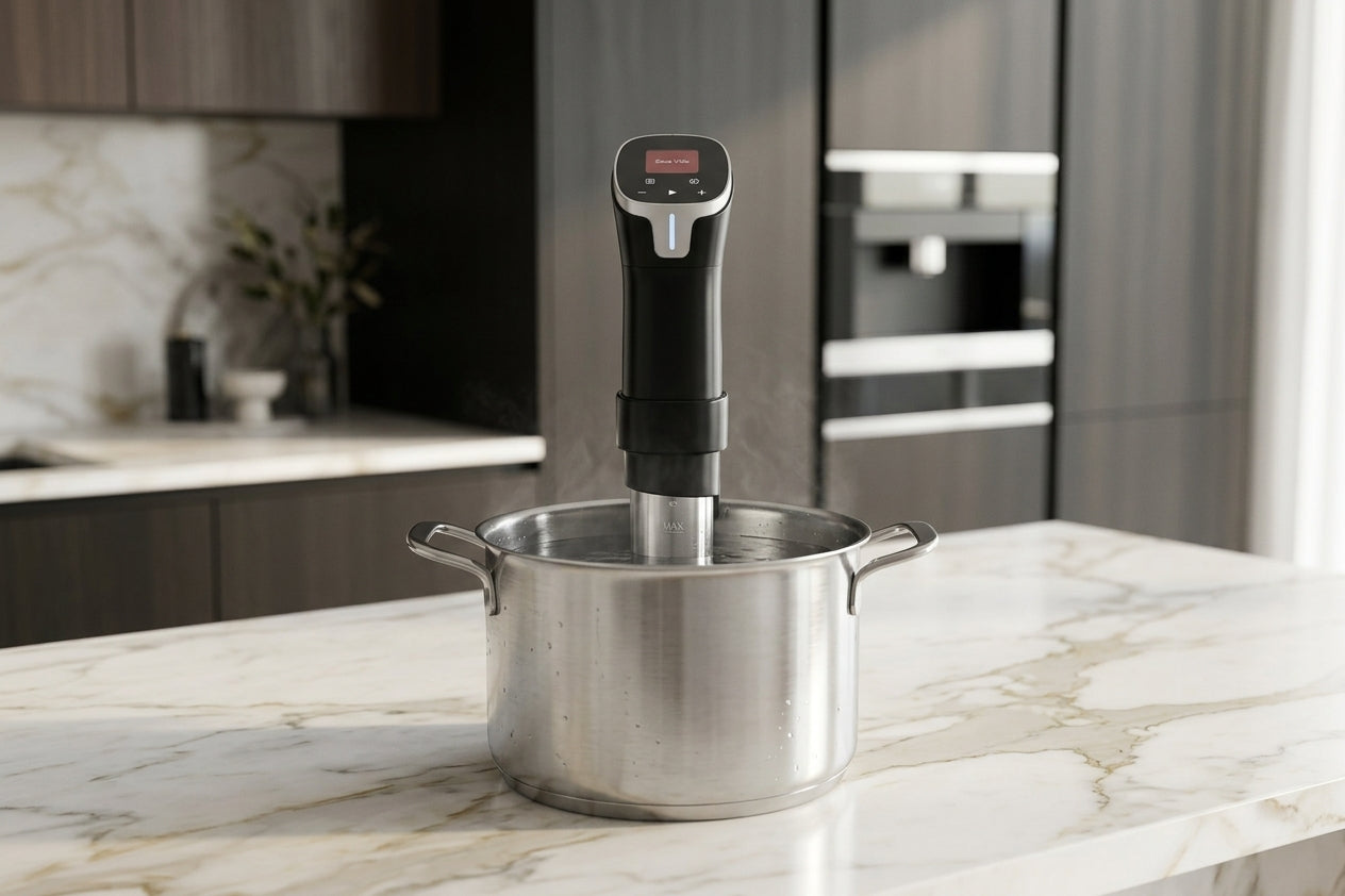Searlume cooker clamped to a stainless pot of water on a marble counter
