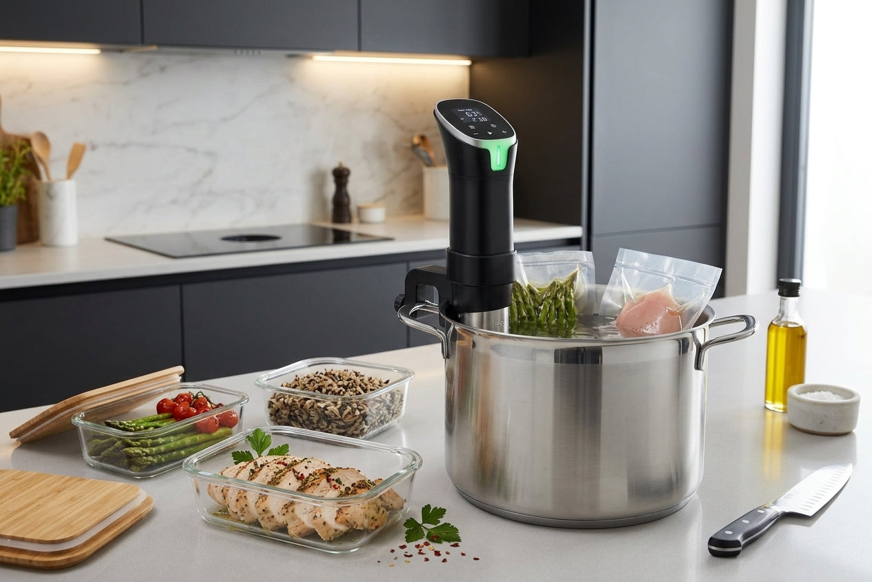 Portioned chicken, rice and vegetables in glass containers beside a pot with the Searlume cooker and sealed bags