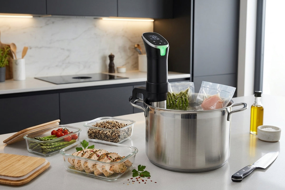 Portioned chicken, rice and vegetables in glass containers beside a pot with the Searlume cooker and sealed bags