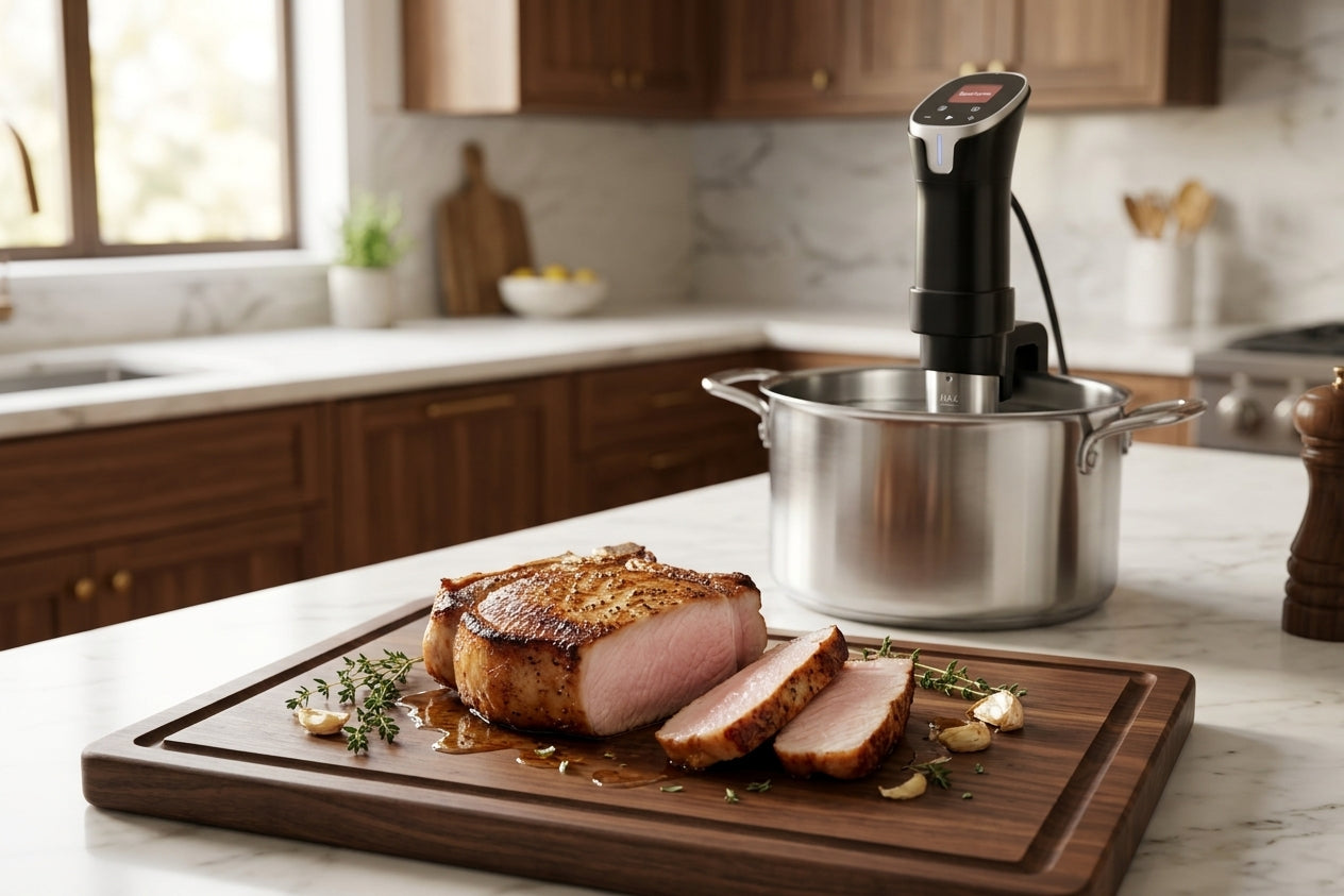 Sliced pork loin cooked with the Searlume precision cooker