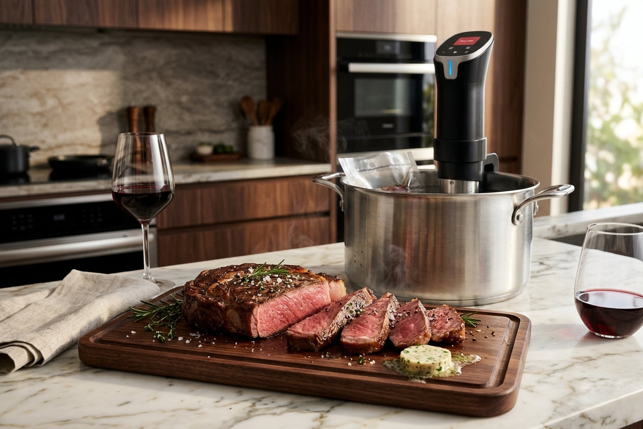 Sliced steak on a board beside glasses of red wine and the Searlume cooker