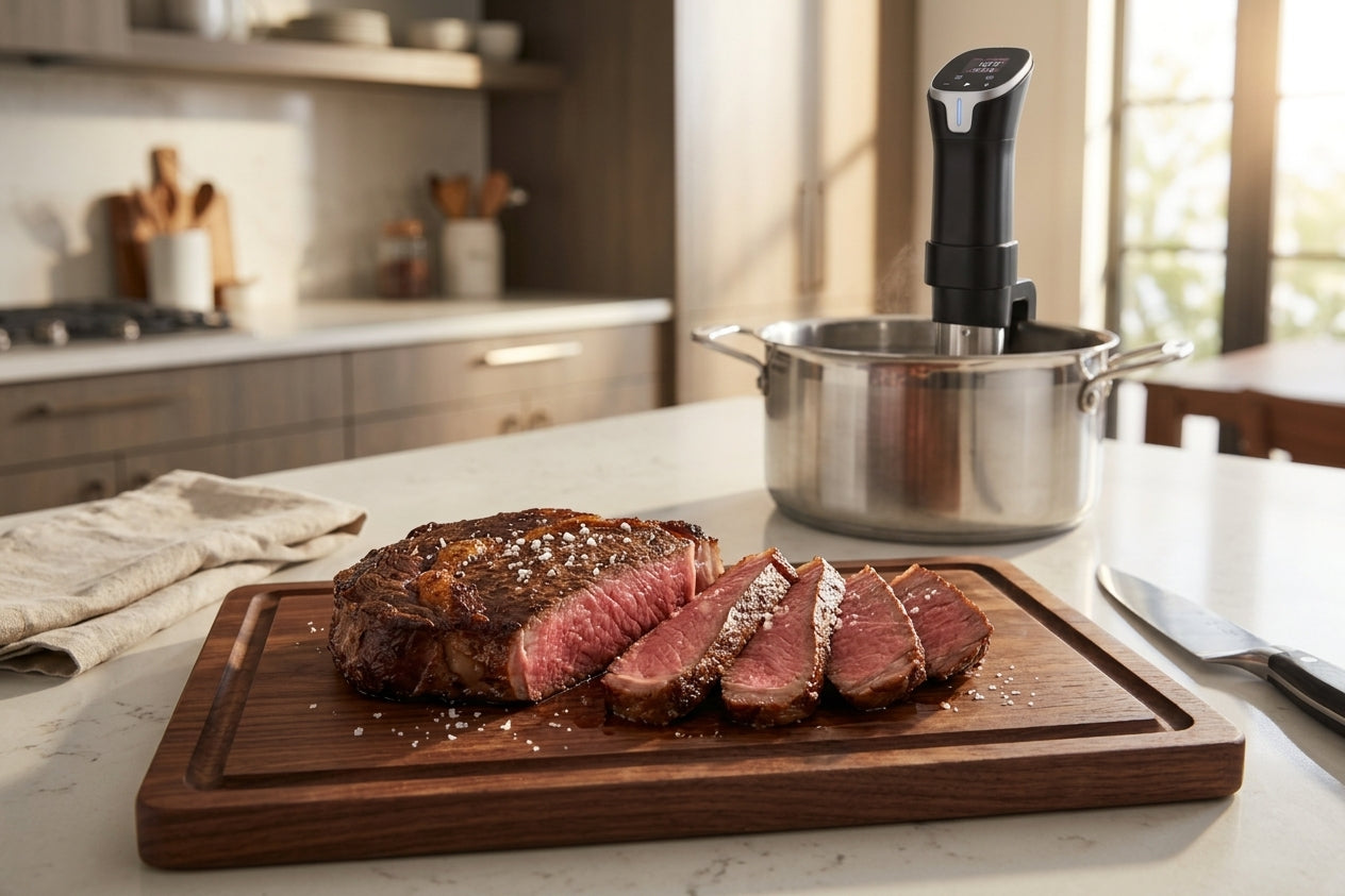 Ribeye steak sliced on a walnut board beside a pot with the Searlume cooker, the interior an even pink from edge to edge