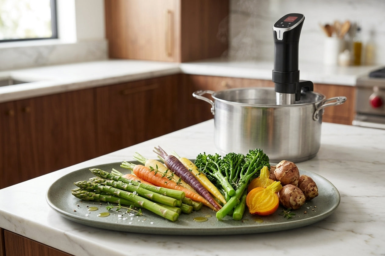 Vegetables cooked with the Searlume precision cooker