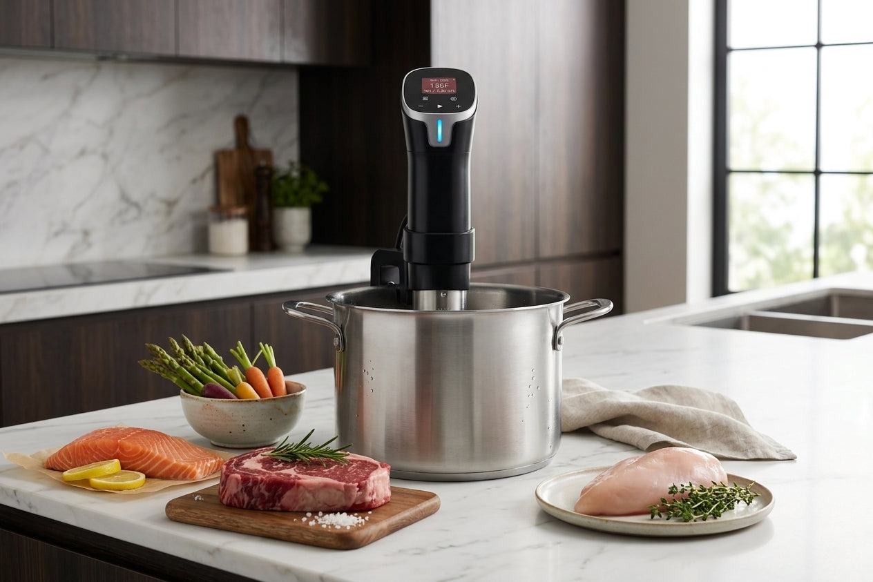 Salmon, steak, chicken and vegetables arranged beside a pot fitted with the Searlume cooker
