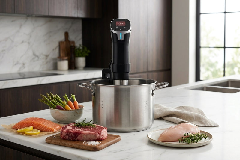 Salmon, steak, chicken and vegetables arranged beside a pot fitted with the Searlume cooker